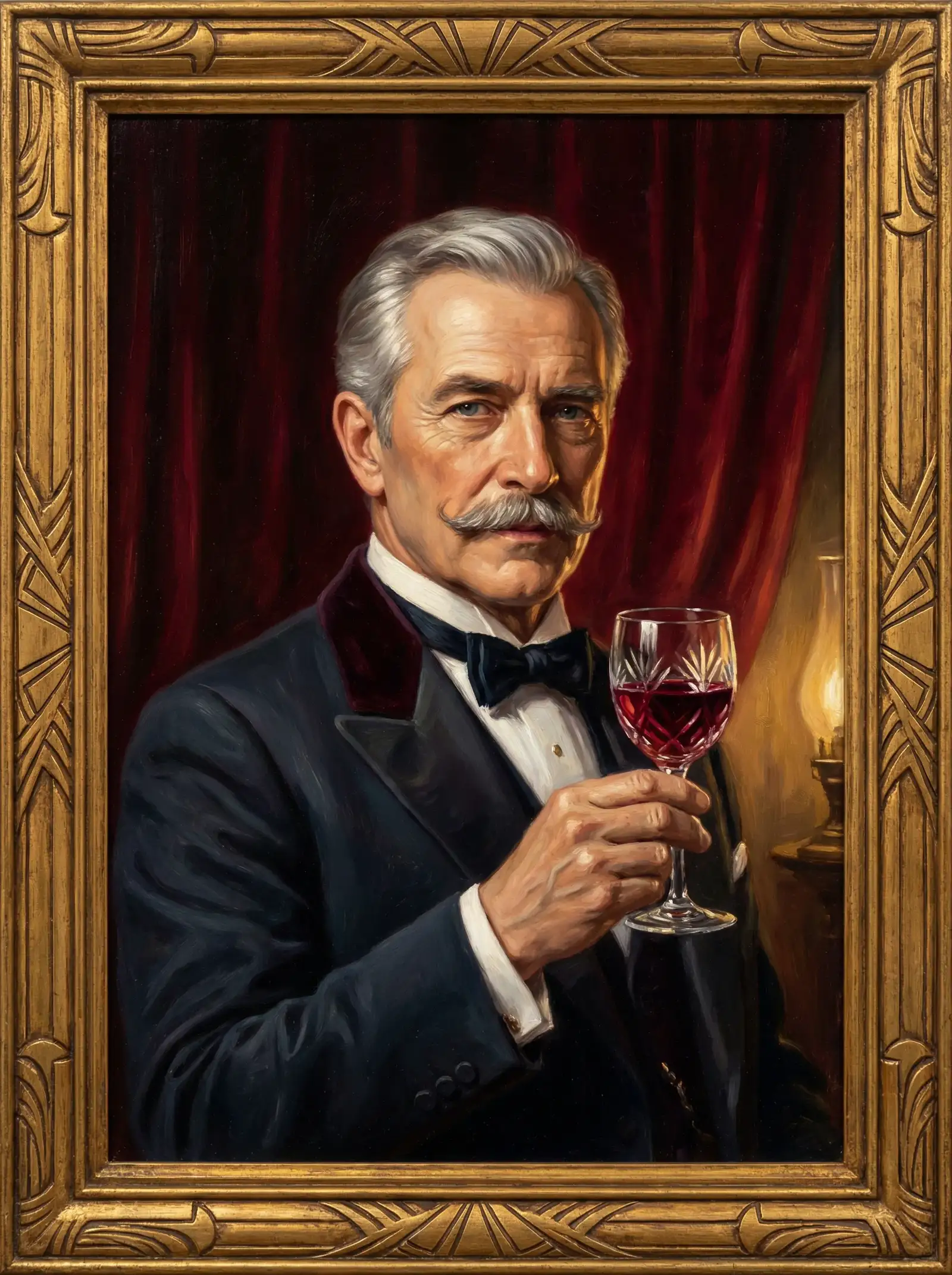 开元棋牌创始人油画肖像，身穿燕尾服的绅士手持红酒杯